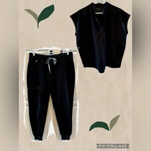 FIGS Black Scrub Set - Women’s Large Rafaela Top and Large Petite Zamora Pants